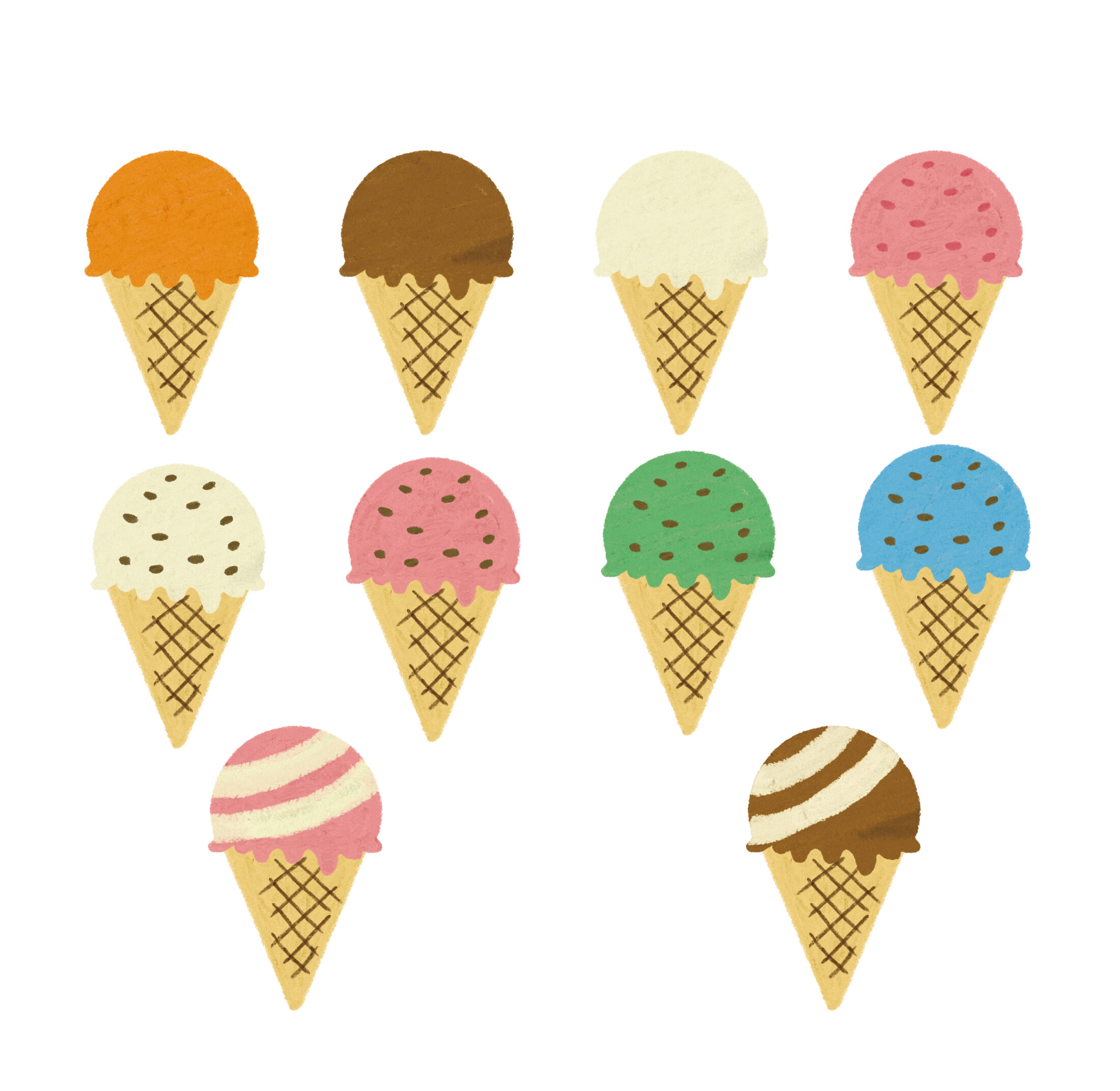 クレヨン風のかわいいコーンアイスクリームのフリーイラスト商用利用可能